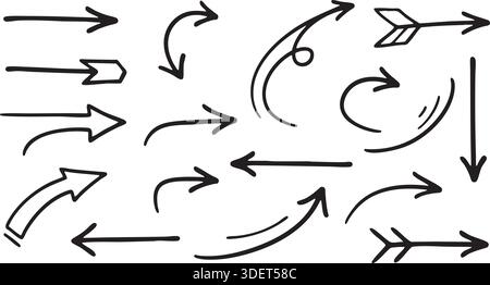 Une collection complète de flèches à l'encre noire dessinées à la main avec différents styles, des lignes droites aux boucles organiques. Idéal pour les concepteurs ayant besoin d'un Illustration de Vecteur