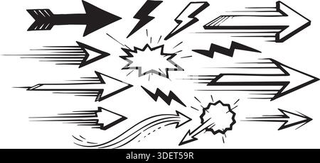 Une collection complète de flèches esquissées dessinées à la main, d'éclairs et d'éclats d'action offrant une esthétique dynamique de bande dessinée. Parfait pour soci Illustration de Vecteur