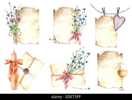 Aquarelle vintage ensemble de cartes de voeux pour les anniversaires, amour Saint Valentin, mariage. Fleur sauvage avec feuille de papier. Chicorée bleue et trèfle rose, vin Banque D'Images