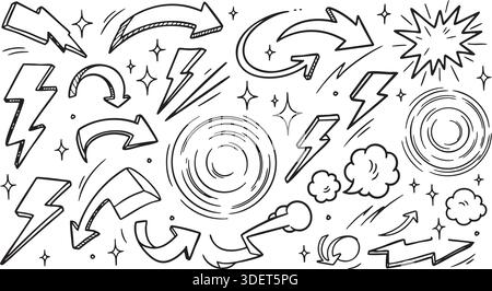 Cet ensemble complet d'éléments de doodle dessinés à la main présente des flèches dynamiques, des éclairs et des étoiles dans un style audacieux à l'encre noire. Parfait pour les graphi Illustration de Vecteur