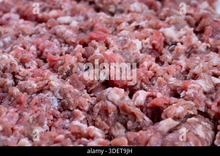 Boeuf cru finement haché avec des matières grasses riches et une texture grossière, vue de près du boeuf cru à mouture grossière démontrant une distribution de graisse juteuse parfaite pour les gourmets Banque D'Images