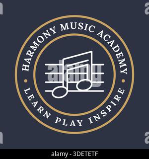 Un emblème circulaire sur fond profond avec un anneau de type et une portée musicale centrale avec des notes illustrées comme un badge d'école. Illustration de Vecteur