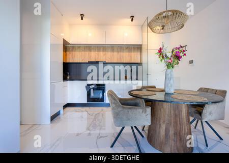 Cuisine d'appartement contemporaine avec table à manger, chaises en velours et pièce maîtresse fleurie Banque D'Images