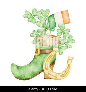 Botte de leprechaun vert avec drapeau irlandais et trèfles, illustration aquarelle peinte à la main. Convient pour les invitations St Patricks Day, les conceptions de fête d'enfants, les impressions de vêtements, les autocollants Banque D'Images