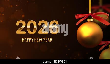 illustration vectorielle réaliste 3d. Bannière festive de Noël et du nouvel an 2026 avec des boules suspendues de décoration dorée sur fond sombre. Illustration de Vecteur