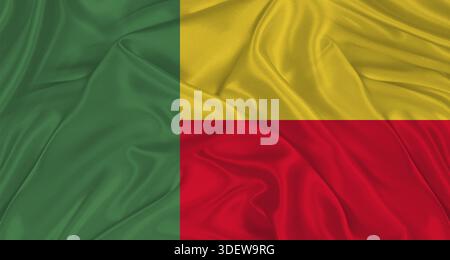 Drapeau béninois avec texture de tissu. Drapeau réaliste de Bénin agitant, drapeau national Banque D'Images