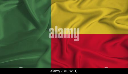Un signal réaliste du drapeau béninois. Gros plan du drapeau du Bénin avec texture de tissu Banque D'Images