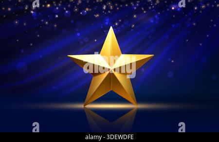illustration vectorielle réaliste 3d. Fond de vainqueur avec une étoile dorée trophée, et un fond bleu soyeux avec des étincelles. Bannière de réussite. Illustration de Vecteur