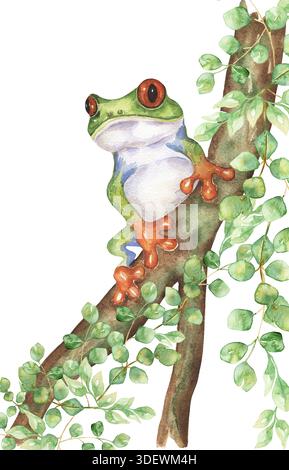 Aquarelle grenouille peinte à la main sur l'illustration de l'arbre, imprimé animal de la faune graphique Banque D'Images