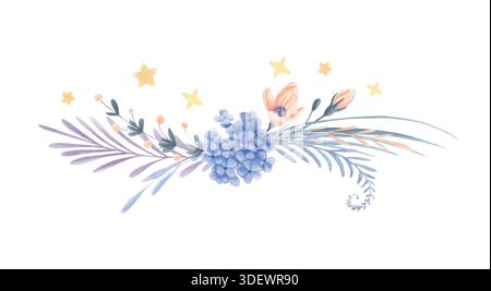Arrangement floral aquarelle avec fleurs bleues et roses et étoiles isolées sur blanc. Banque D'Images