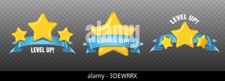illustration réaliste d'icône vectorielle. Bouton de jeu avec étoile jaune pour passer au niveau supérieur et ruban. Jeu de boutons isolé. Illustration de Vecteur