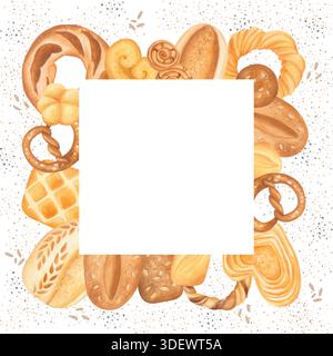 Cadre carré de boulangerie aquarelle avec du pain et des pâtisseries sur fond blanc. Banque D'Images