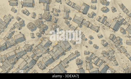 Une illustration détaillée de style carte descendante montrant un village en ruines avec des bâtiments en bois éparpillés et des arbres clairsemés, créant un champ de bataille accidenté Banque D'Images