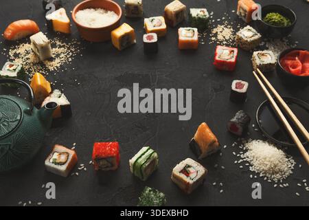 Fond de sushi et rouleaux, cadre sur noir Banque D'Images