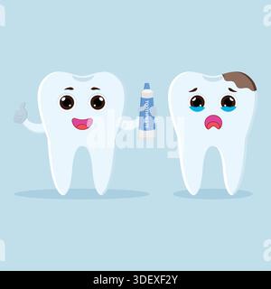 Caractère dentaire heureux avec dentifrice et caractère dentaire triste avec carie Illustration de Vecteur