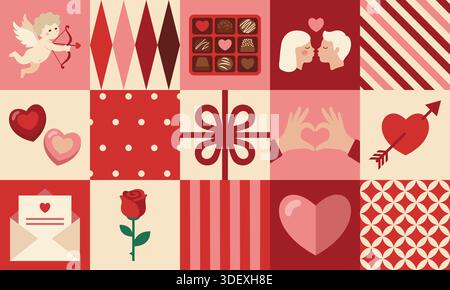 Motif sans couture de vecteur Saint-Valentin esthétique. Carte de voeux romantique dans le style bauhaus avec des éléments et des symboles d'amour mignons. Design moderne et tendance Illustration de Vecteur