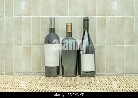 Image de récipients en verre remplis de différents vins, attachés latéralement à un mur de briques exposées, montrant les niveaux identiques de liquide dans chaque bouteille Banque D'Images