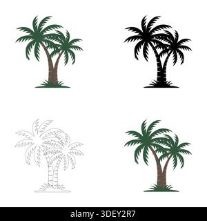 Jeu de cliparts de dessin de palmier. Icône d'art clip de noix de coco et de palmiers avec illustration vectorielle de collection de feuilles tropicales vertes sur fond blanc Illustration de Vecteur