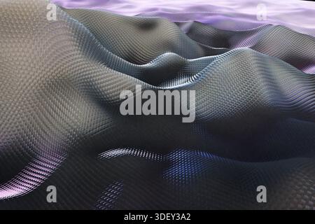 Une surface de maille 3D futuriste forme des motifs d'ondes avec des effets de lumière violets et bleus. rendu 3d. Banque D'Images