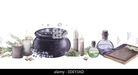 Bordure d'aquarelle dessinée à la main sans couture avec chaudron, grimoire, potions, bougies et herbes isolées sur fond blanc. Pour l'impression et le design Banque D'Images