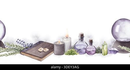 Bordure d'aquarelle dessinée à la main sans couture avec boule de cristal, potions, bougies, cristaux et herbes isolés sur fond blanc. Pour l'impression et le design Banque D'Images