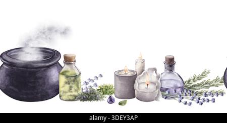 Bordure d'aquarelle dessinée à la main sans couture avec chaudron, potions, bougies et herbes isolées sur fond blanc. Pour l'impression et le design Banque D'Images