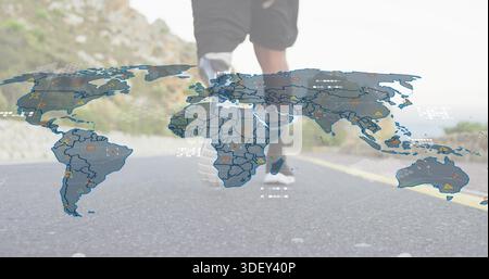 Course homme-coureur en noir-short, chaussures blanches, genoux-wrap sur la route jaune-line avec recouvrement de carte Banque D'Images
