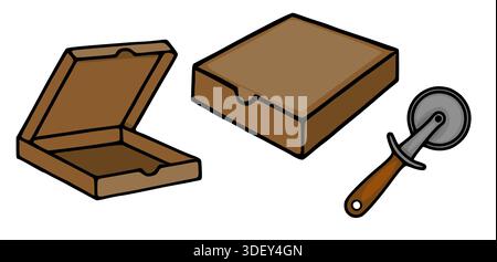 Illustration vectorielle ludique de boîtes à pizza et de cutter Illustration de Vecteur