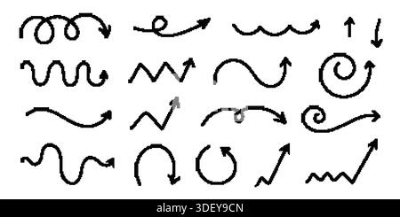 Jeu de flèches griffonneuses. Flèche noire pinceau pixel Illustration de Vecteur