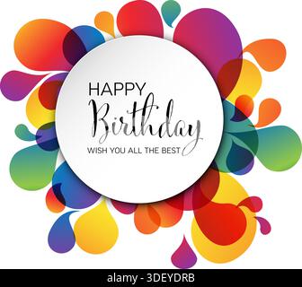 Carte de vœux joyeux anniversaire aux couleurs éclatantes agrémentées de touches de peinture abstraite colorées. Le design gai présente un cercle blanc avec l'élégant « joyeux anniversaire » Illustration de Vecteur