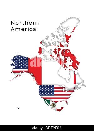 Carte de l'Amérique du Nord mettant en évidence les drapeaux de chaque pays Illustration de Vecteur