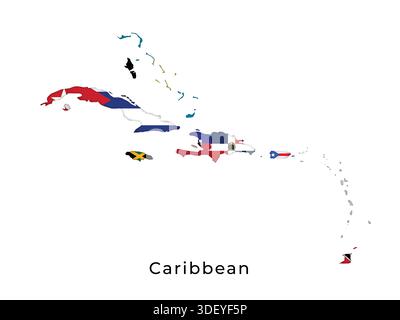 Carte des Caraïbes mettant en évidence les drapeaux de chaque pays Illustration de Vecteur