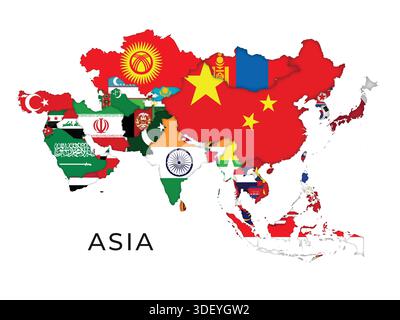 Carte Asie mettant en évidence les drapeaux de chaque pays Illustration de Vecteur
