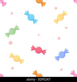 Un motif vectoriel sans couture avec des bonbons pastel mignons, des coeurs et des points sur un fond blanc. Parfait pour papier peint, papier d'emballage, impressions de tissu, Illustration de Vecteur