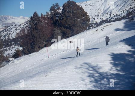 Groupe de skieurs descendant sur une pente enneigée en hiver. Sports d'hiver et loisirs de plein air. Banque D'Images
