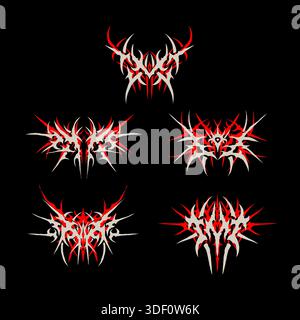 Ensemble vectoriel d'emblème tribal cyber avec des symboles abstraits symétriques pointus et un design sigil numérique futuriste, isolé sur fond sombre Illustration de Vecteur