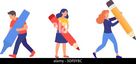 Ensemble de trois personnes tenant des stylos et des crayons géants. Illustrations vectorielles plates de dessins animés pour l'éducation, le travail d'équipe, la créativité et les concepts de conception de bureau. Illustration de Vecteur