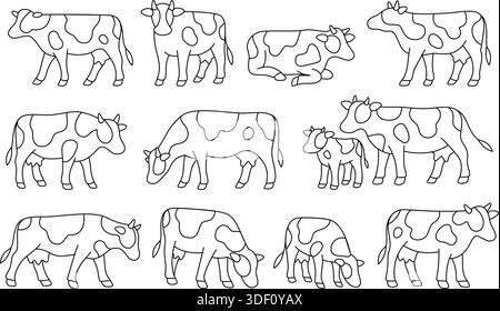Ensemble de vaches à dessin au trait dans un contour noir. Faisceau minimal stylisé de vaches laitières dans diverses poses Illustration de Vecteur