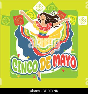 Cinco de Mayo femme mexicaine dansant dans l'illustration vectorielle de robe traditionnelle Illustration de Vecteur