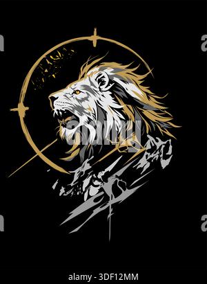 Illustration vectorielle stylisée d'une tête de lion rugissante en profil avec des accents dorés et gris sur un fond noir. Idéal pour les logos esports, t-shirt Illustration de Vecteur