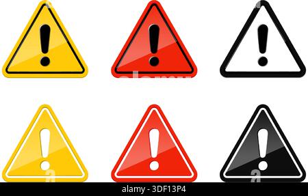 jeu d'icônes vectorielles réaliste. Panneaux d'avertissement isolés sur fond blanc en jaune, rouge, noir. Illustration de Vecteur