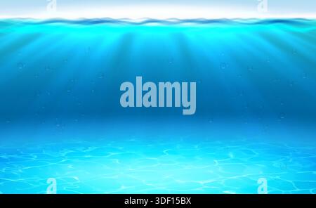 illustration vectorielle réaliste. Sous-marin bleu profond mer ou océan avec sable et rayons du soleil. Illustration de Vecteur