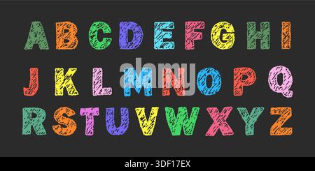 Alphabet crayon enfantin et ludique. Lettres anglaises et texture de craie funky pour l'école ou la fête. Police doodle audacieuse et colorée pour l'éducation ou Illustration de Vecteur