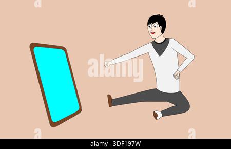 Un homme de dessin animé est assis sur le sol et pointe vers un écran bleu. L'homme porte une chemise blanche et un pantalon gris Illustration de Vecteur