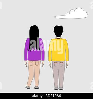Un homme et une femme marchent ensemble. L'homme porte une chemise jaune et la femme porte une chemise violette. Le ciel est nuageux et la scène l'a fait Illustration de Vecteur