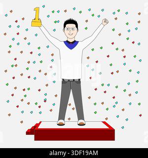 Un homme de dessin animé est debout sur un podium avec un trophée à la main. Le trophée est étiqueté avec le numéro 1. L'homme sourit et il célèbre le sien Illustration de Vecteur