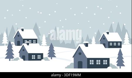Illustration vectorielle plate premium d'un village d'hiver tranquille sous une couverture de neige. Il comprend des maisons propres et de couleur unie et des pins minimalistes. Illustration de Vecteur
