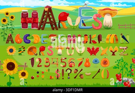 Police d'automne de dessin animé, lettres de police de Thanksgiving moisson. Vecteur abc fait de fruits, légumes, feuilles, champignons, bottes, foulards, chaussettes et outils de jardin. Composition saisonnière sur fond de nature Illustration de Vecteur