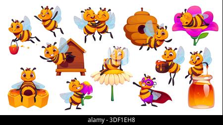 Personnages d'abeilles de miel de dessins animés. Personnages d'insectes de jardin joyeux et mignons interagissant avec les fleurs, le miel et les ruches. Ensemble vectoriel lumineux et fantaisiste de mascottes pour la production de rucher et de ferme d'apiculture Illustration de Vecteur