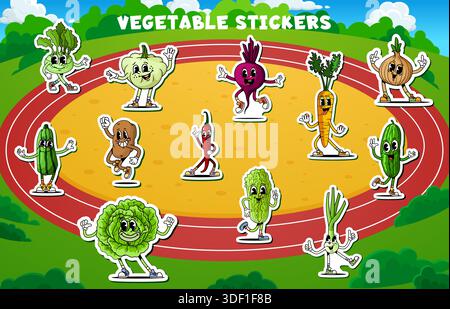 Pack d'autocollants de personnages végétaux groovy rétro de dessin animé. Vecteur taches drôles de carotte, d'oignon, de betterave, de Chili et de chou personnages de ferme hippie s'entraînant sur le stade avec des visages souriants et une ambiance rétro y2k Illustration de Vecteur